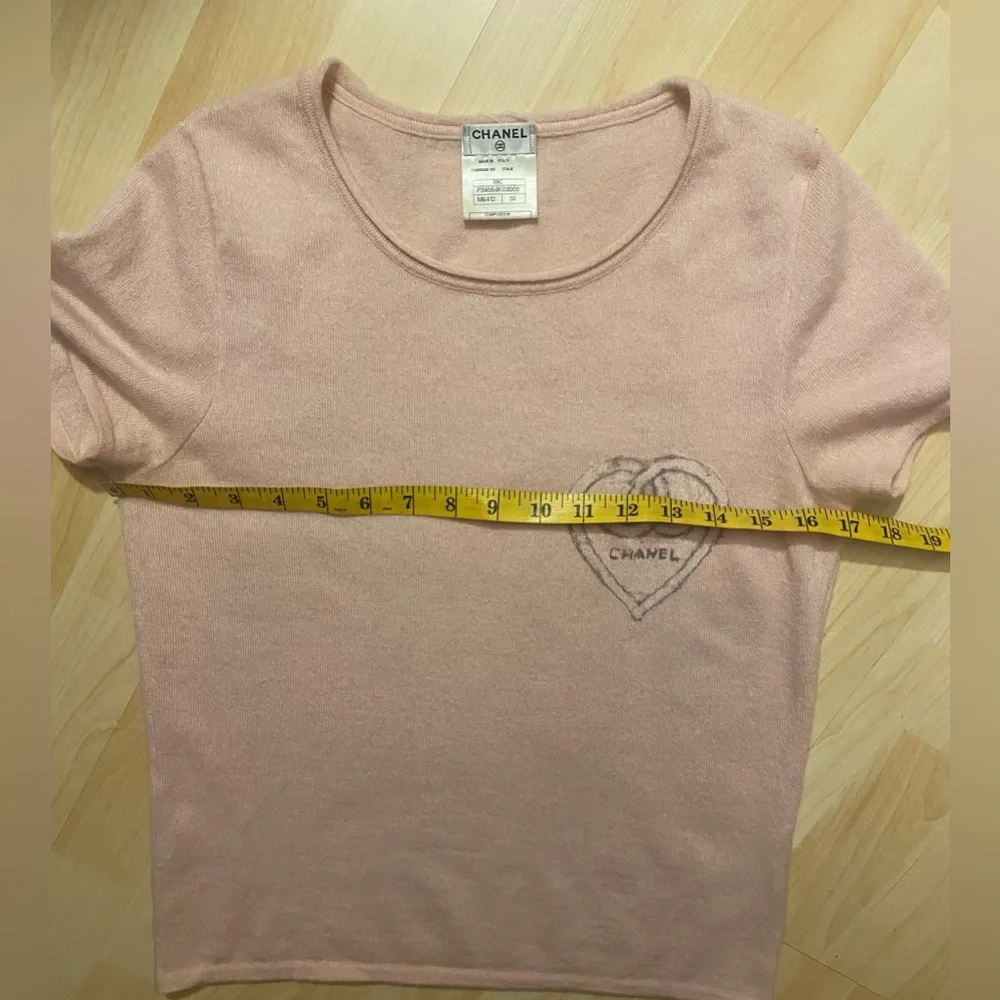 CHANEL Archival 09C Short Sleeve Cashmere Knit Heart CC Logo Sweater